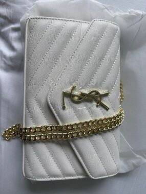 White Quilted Chevron Crossbody with Gold Chain and Logo